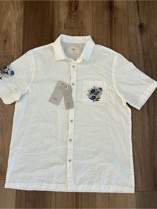 Folk Other - Folk Monty short sleeve linen-blend shirt With floral embroidered design Medium